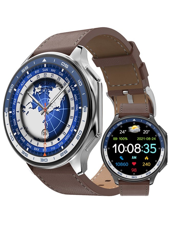 Men's Exquisite Bluetooth Smartwatch, 1.43 Inch Full Screen Touch, Brown Leather Strap，Answering/Making Calls, Sports Sleep Heart Rate Monitoring, Universal For Android 4.4 And IOS 10.0 Systems, IP68 Waterproof RT-DT Watch X