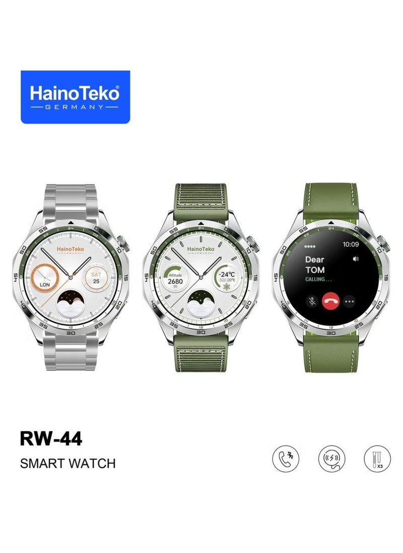 RW44 Round Screen AMOLED Display Smart Watch – Stylish and Durable with 3 Interchangeable Straps and Wireless Charger – Perfect for Gents & Boys