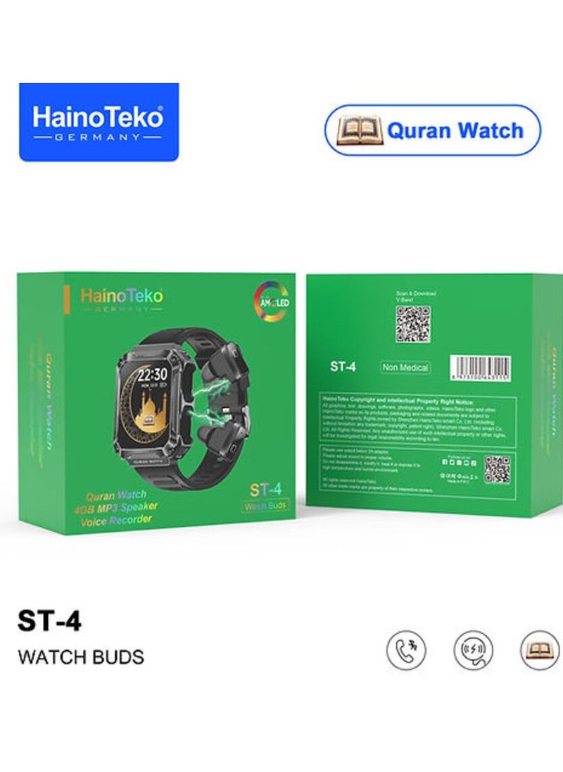 Haino Teko Germany ST4 Smart Watch Buds with Quran Full 114 Chapter and 4gb mp3 Speaker for Men and Boys