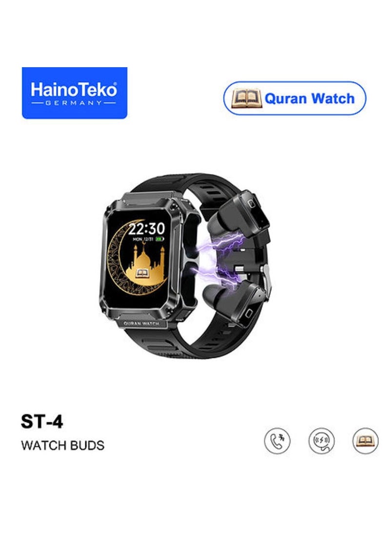 Haino Teko Germany ST4 Smart Watch Buds with Quran Full 114 Chapter and 4gb mp3 Speaker for Men and Boys