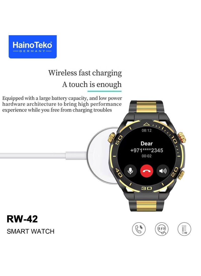 RW42 Round Shape Smart Watch with Large AMOLED Display, 2 Pairs of Straps, and Wireless Charger for Men & Boys – Stylish and Functional Smartwatch for Fitness and Daily Use