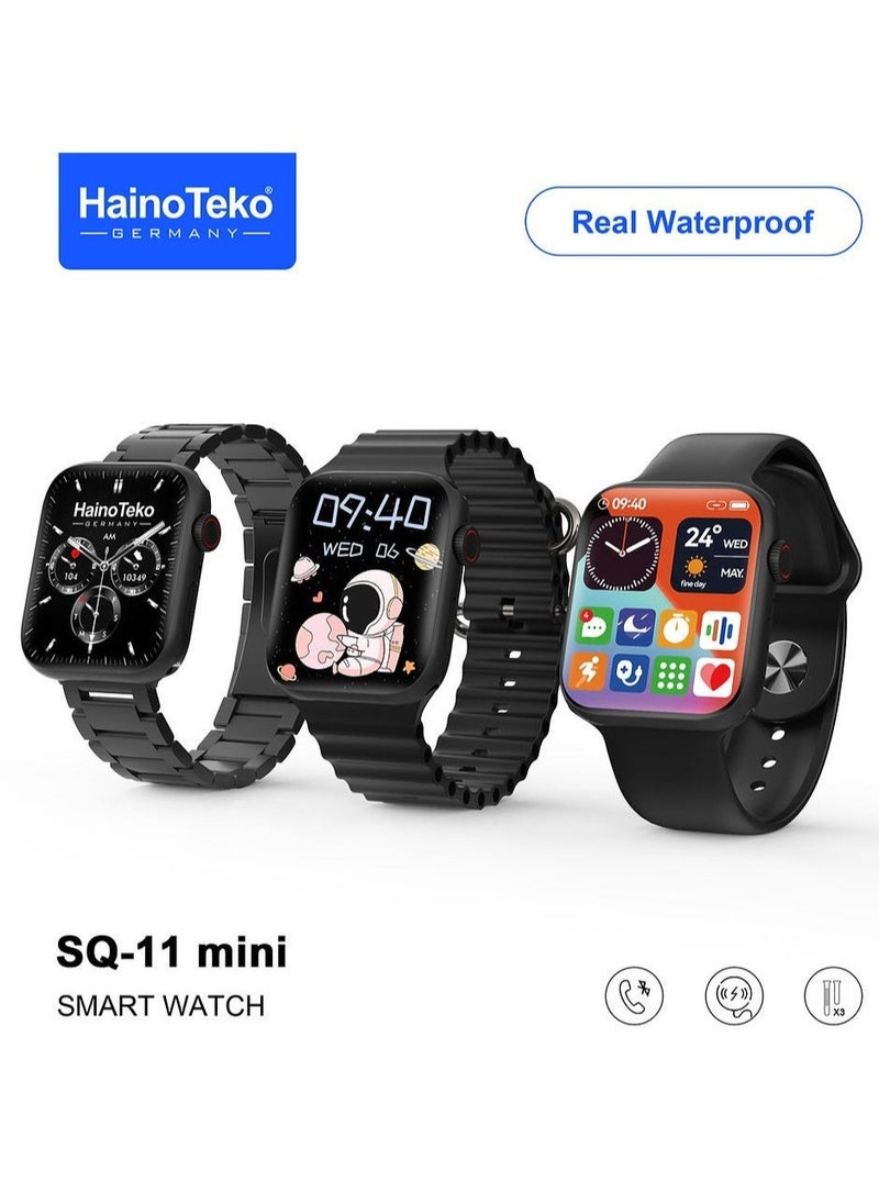 Haino Teko SQ11 Mini Smart Watch With Full Screen AMOLED Display Real Waterproof and 3 Pair Straps For Ladies and Gents Black