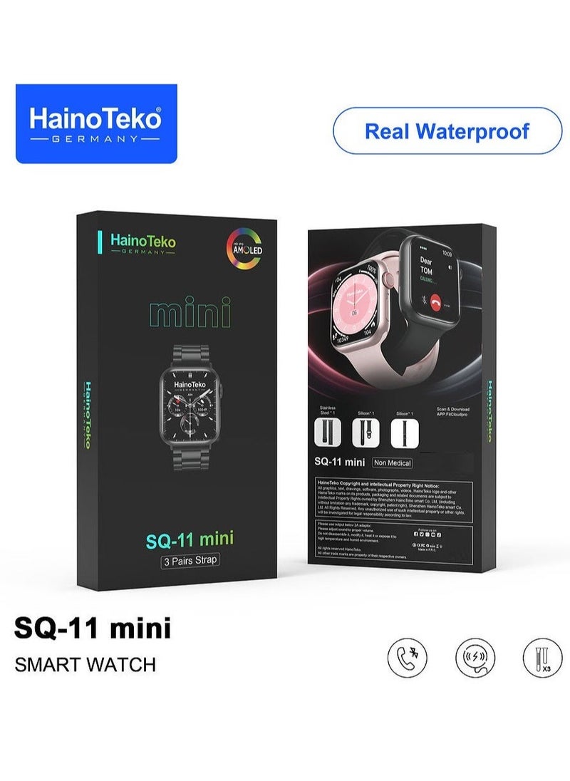 Haino Teko SQ11 Mini Smart Watch With Full Screen AMOLED Display Real Waterproof and 3 Pair Straps For Ladies and Gents Black