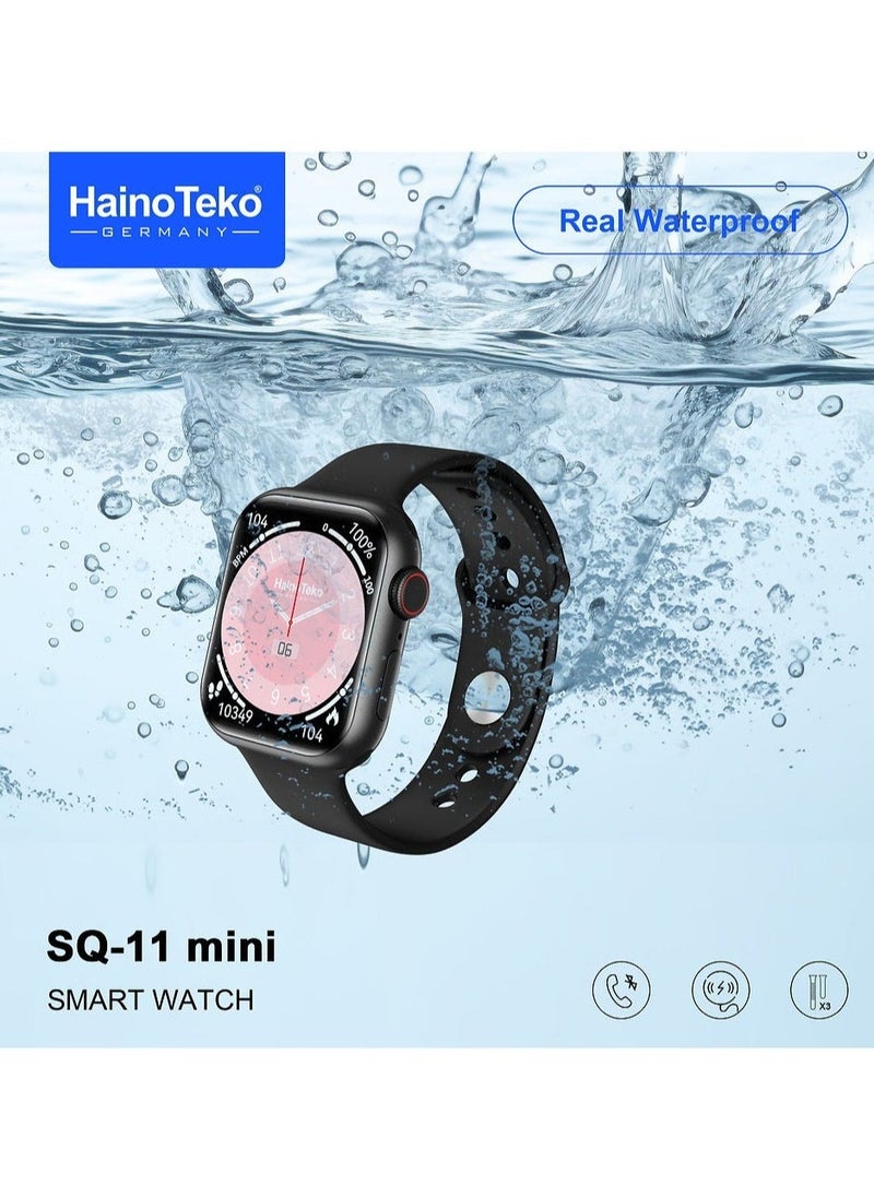 Haino Teko SQ11 Mini Smart Watch With Full Screen AMOLED Display Real Waterproof and 3 Pair Straps For Ladies and Gents Black