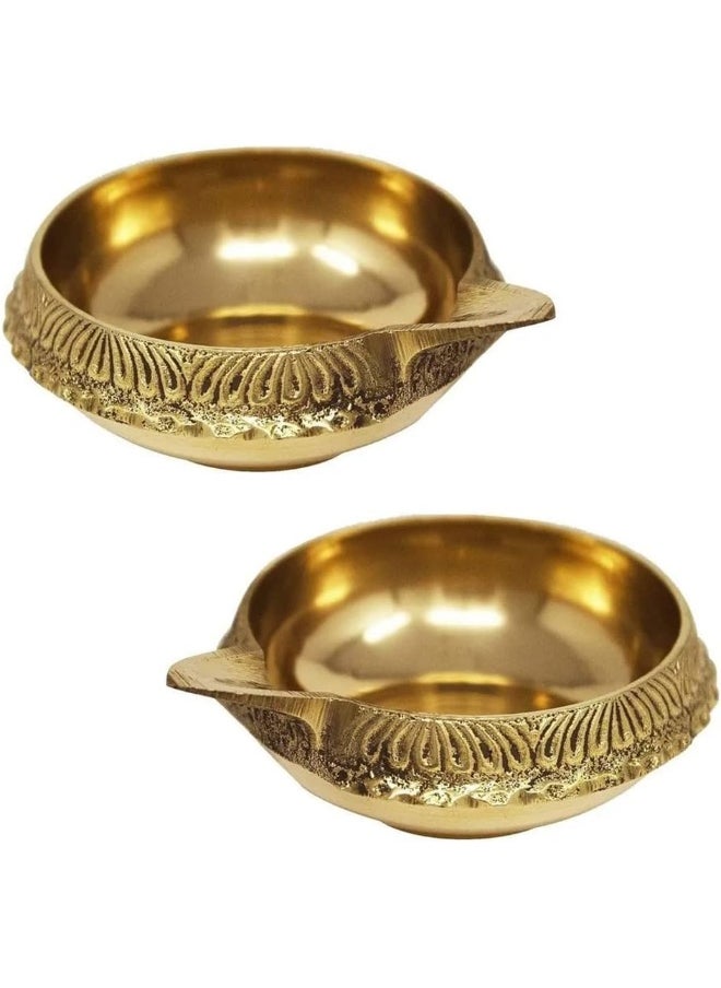 MOONCEE Set of 2 Handmade Brass Kuber Diyas, Deepak, Oil Lamp for Puja Room Mandir Diwali Diya Pooja Deeak For Temple, Office Golden Diya Lamp Engraved Design Diwali Light Decoration