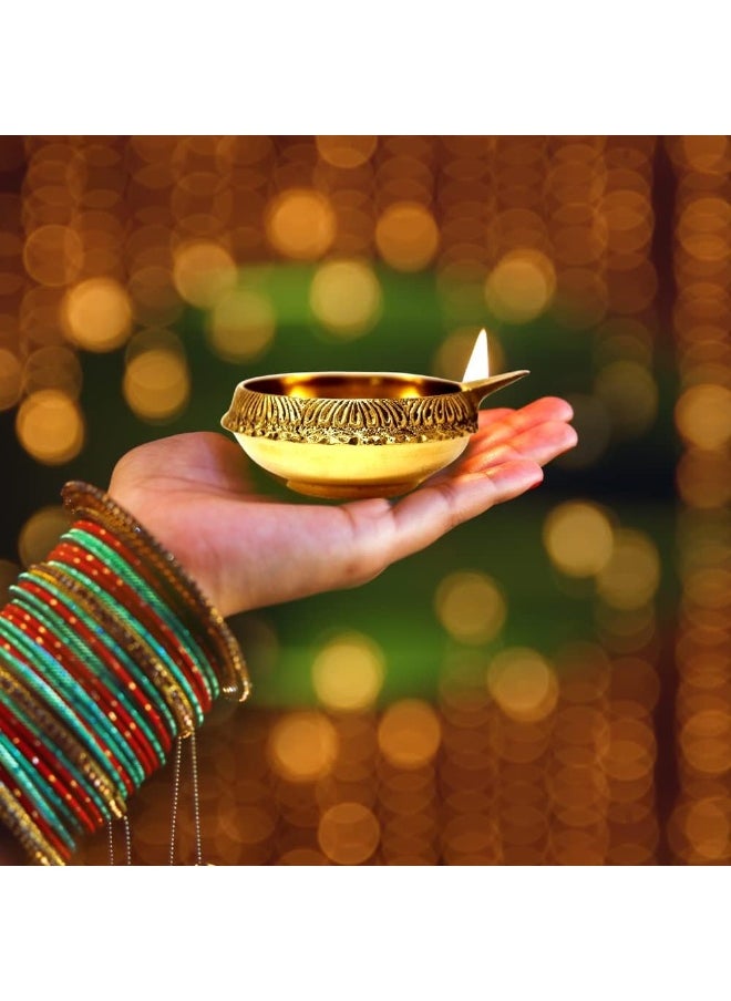 MOONCEE Set of 2 Handmade Brass Kuber Diyas, Deepak, Oil Lamp for Puja Room Mandir Diwali Diya Pooja Deeak For Temple, Office Golden Diya Lamp Engraved Design Diwali Light Decoration