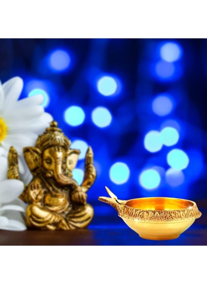 MOONCEE Set of 2 Handmade Brass Kuber Diyas, Deepak, Oil Lamp for Puja Room Mandir Diwali Diya Pooja Deeak For Temple, Office Golden Diya Lamp Engraved Design Diwali Light Decoration