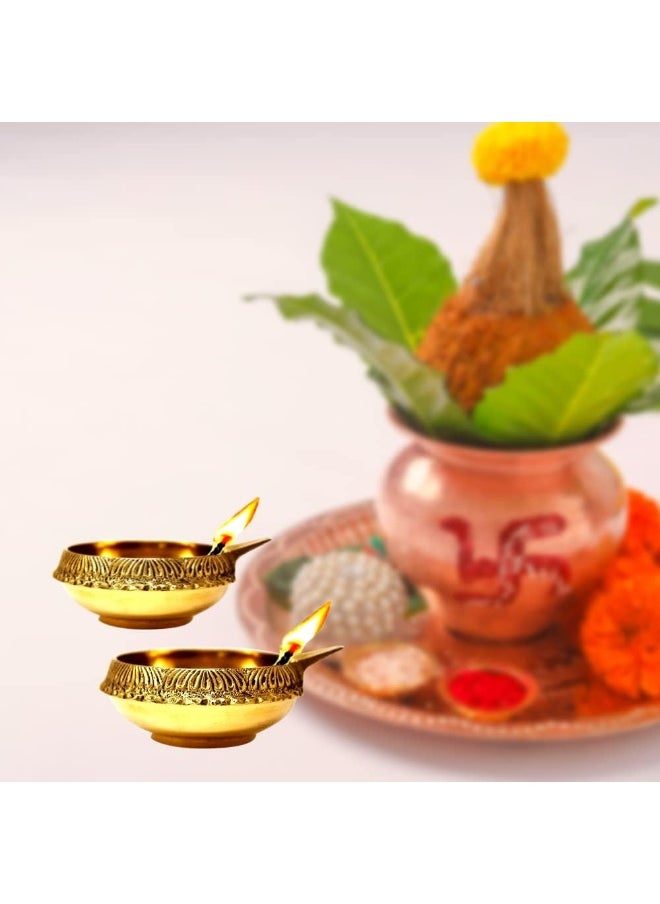 MOONCEE Set of 2 Handmade Brass Kuber Diyas, Deepak, Oil Lamp for Puja Room Mandir Diwali Diya Pooja Deeak For Temple, Office Golden Diya Lamp Engraved Design Diwali Light Decoration