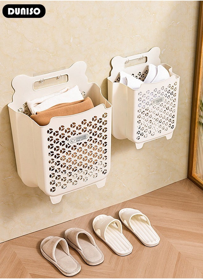 2 Pack Plastic Collapsible Hanging Laundry Basket with Carry Handle, Space-Saving Wall Collapsible Laundry Basket, Durable Tall Folding Plastic Laundry Hamper, Waterproof Dirty Clothes Organizer for Organizing Home, Clothes, Towels, Dorm