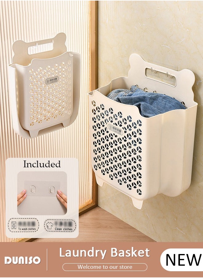 2 Pack Plastic Collapsible Hanging Laundry Basket with Carry Handle, Space-Saving Wall Collapsible Laundry Basket, Durable Tall Folding Plastic Laundry Hamper, Waterproof Dirty Clothes Organizer for Organizing Home, Clothes, Towels, Dorm