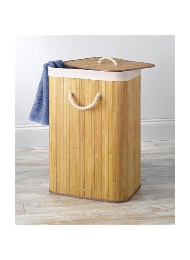 Corner Bamboo Laundry Hamper with Lid and Removable Liner Bamboo Laundry Basket with Handle Corner Hamper Bamboo Hamper Washing Clothes Basket Storage Bin for Bedroom Bathroom Laundry Living Room