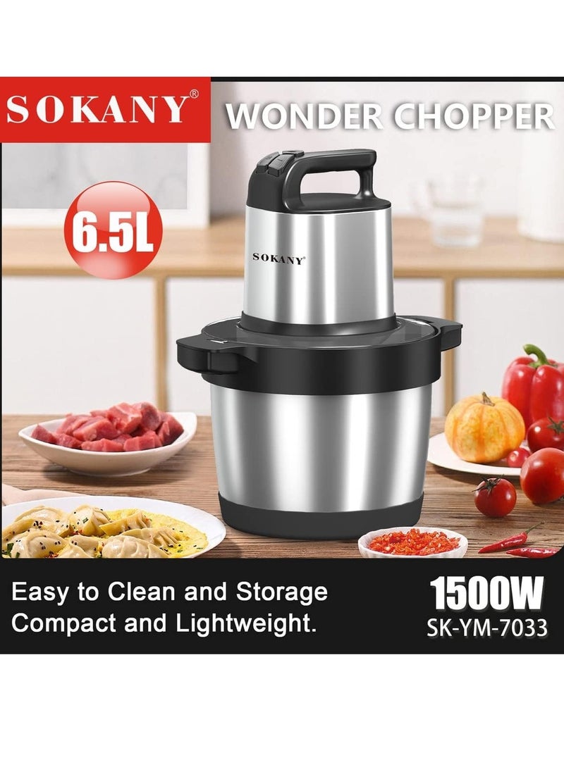 SOKANY 1500W Meat Grinder Electric, Food Grinder 6.5L Stainless Steel Meat Blender Food Chopper for Meat, Vegetables, Fruits and Nuts with 4 Sharp Blades.. (SK-7033, 1500W, 6,5L)