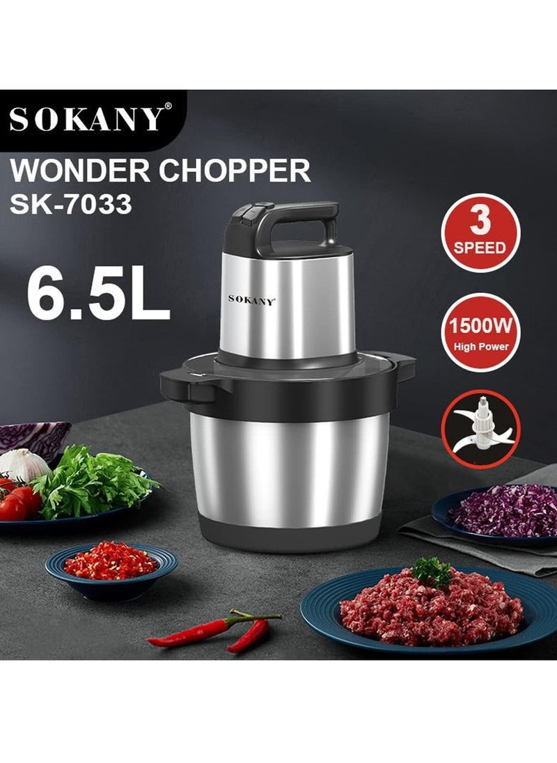 SOKANY 1500W Meat Grinder Electric, Food Grinder 6.5L Stainless Steel Meat Blender Food Chopper for Meat, Vegetables, Fruits and Nuts with 4 Sharp Blades.. (SK-7033, 1500W, 6,5L)