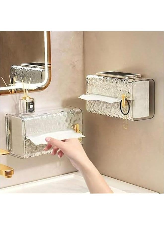 Dust free Wall Mounted Transparent Tissue Box Holder with Cover,Drill Free, Self Adhesive, Best for Bedroom, Vanity,Kitchen, Living room,Office,Home(2 Pcs)