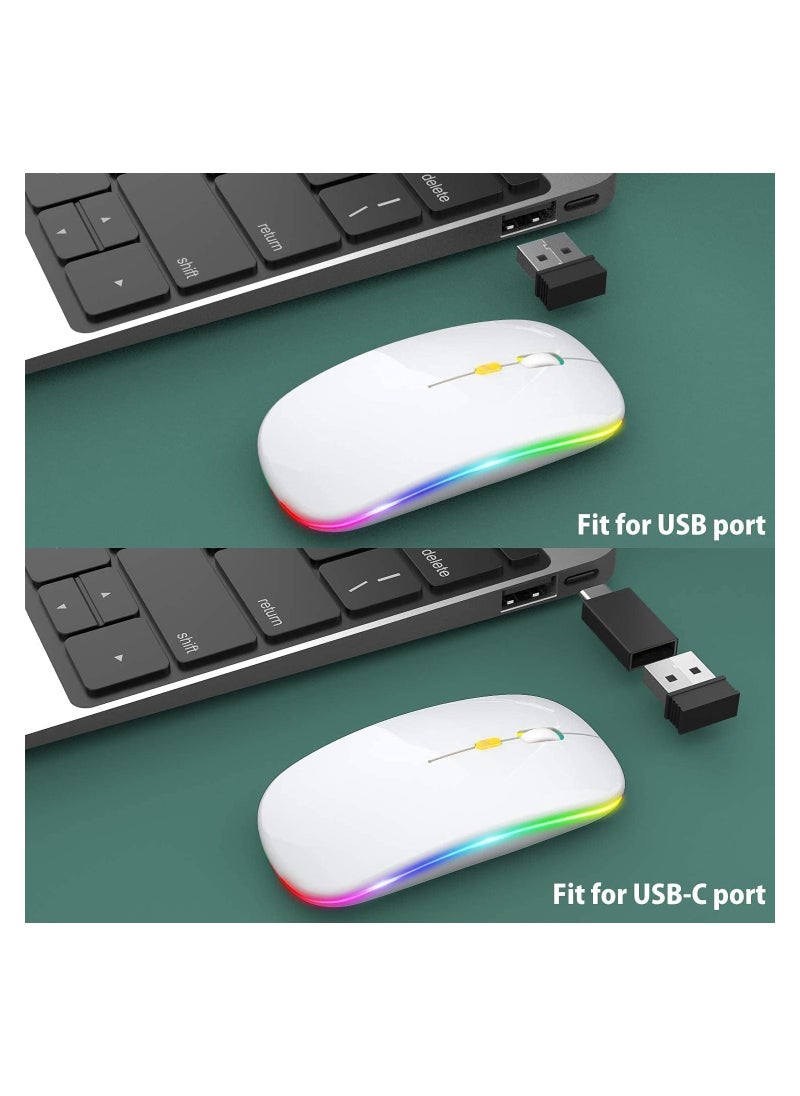 LED Wireless Mouse Rechargeable Slim Silent Mouse 2.4G Portable Mobile Optical Office Mouse with USB & Type-c Receiver 3 Adjustable DPI for Notebook PC Laptop Computer Desktop (White)