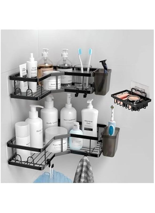 Corner Shower Caddy, Adhesive Shower Corner Organizer Shelves, No Drilling Stainless Steel Shower Storage Rack with Hooks&Toothpaste Holder for Bathroom and Kitchen,3 Pack