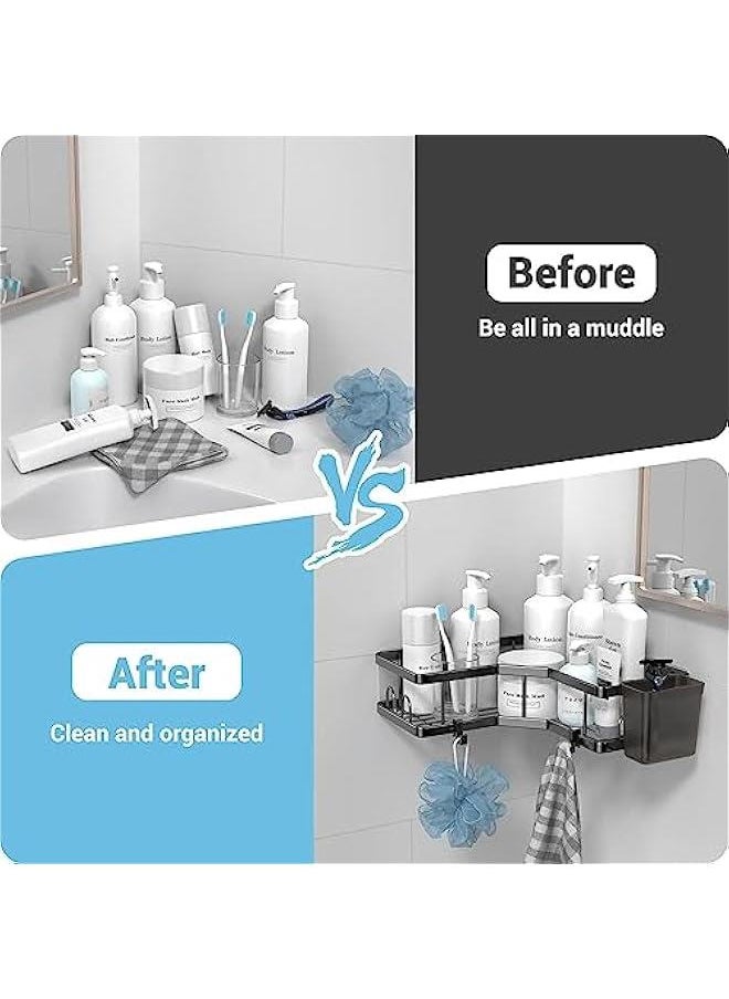 Corner Shower Caddy, Adhesive Shower Corner Organizer Shelves, No Drilling Stainless Steel Shower Storage Rack with Hooks&Toothpaste Holder for Bathroom and Kitchen,3 Pack