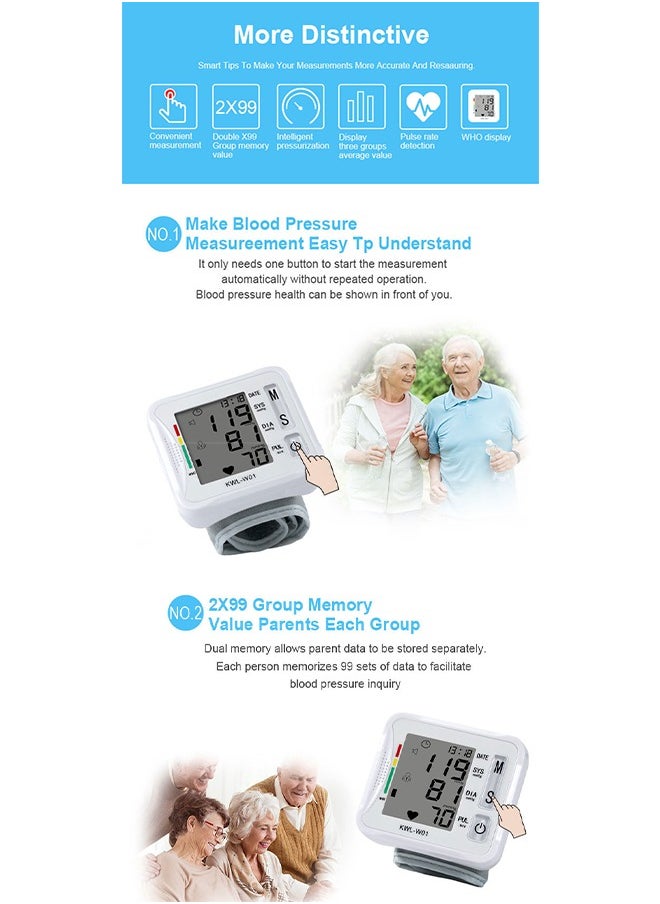 Adjustable Cuff Wrist Blood Pressure Monitor, Blood Pressure Meter for Home Use with Memory Accurate Readings, LCD Digital Display and Voice Sphygmomanometer, Automatic Blood Pressure Detector