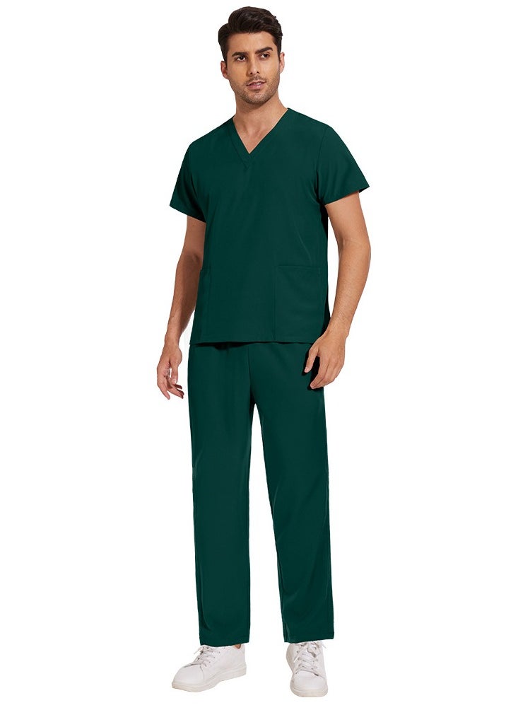 Unisex Medical Uniform Scrubs 2 Piece Set V-Neck Top and Elastic Waist Pants Suit Dark Green