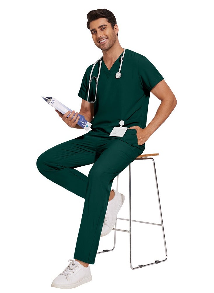 Unisex Medical Uniform Scrubs 2 Piece Set V-Neck Top and Elastic Waist Pants Suit Dark Green