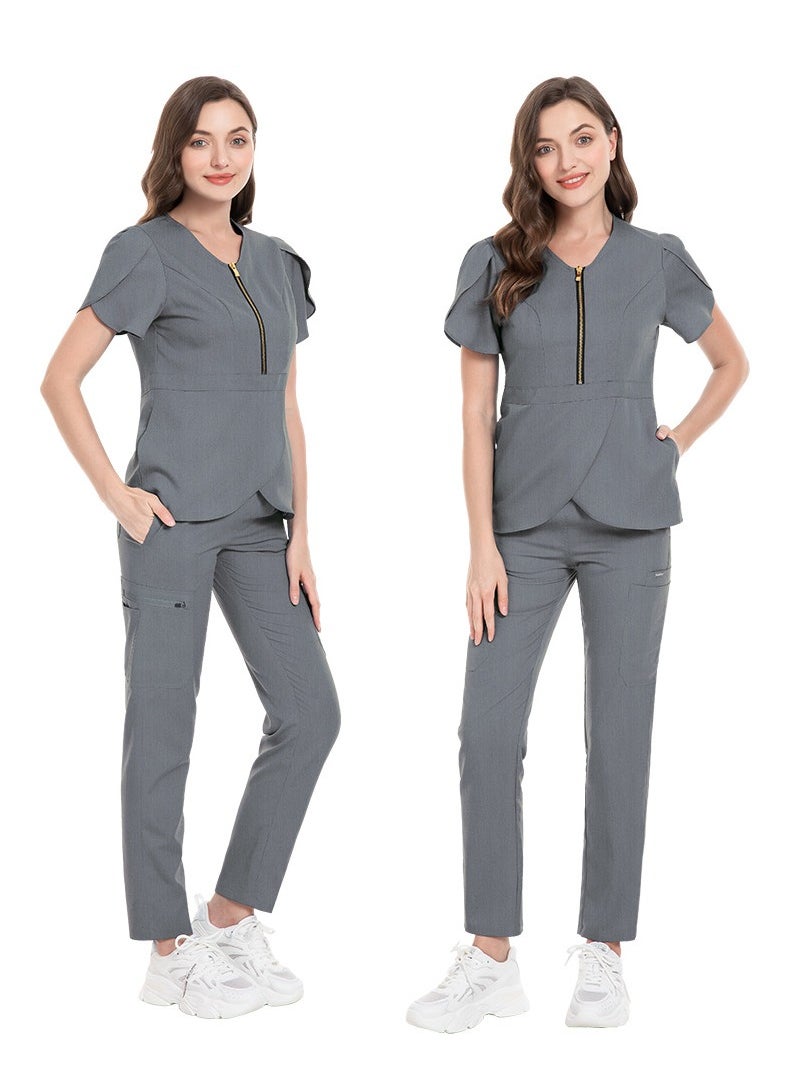 Womens Slim Fit Medical Uniform Scrubs 2 Piece Set V-Neck Zipper Top and Elastic Waist Pants Suit Grey