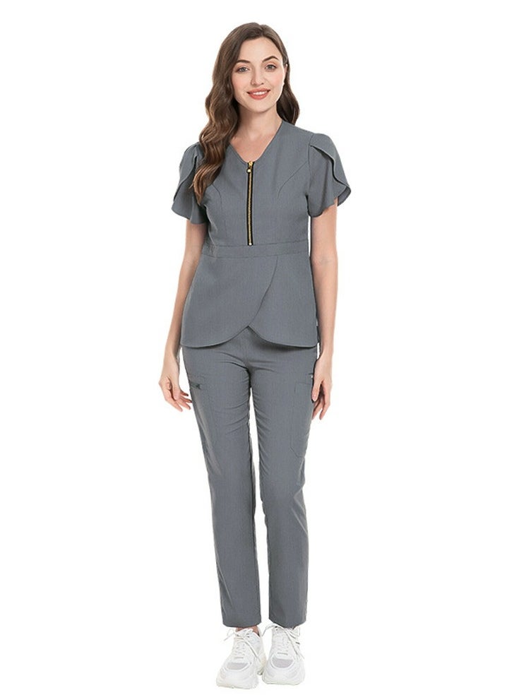 Womens Slim Fit Medical Uniform Scrubs 2 Piece Set V-Neck Zipper Top and Elastic Waist Pants Suit Grey