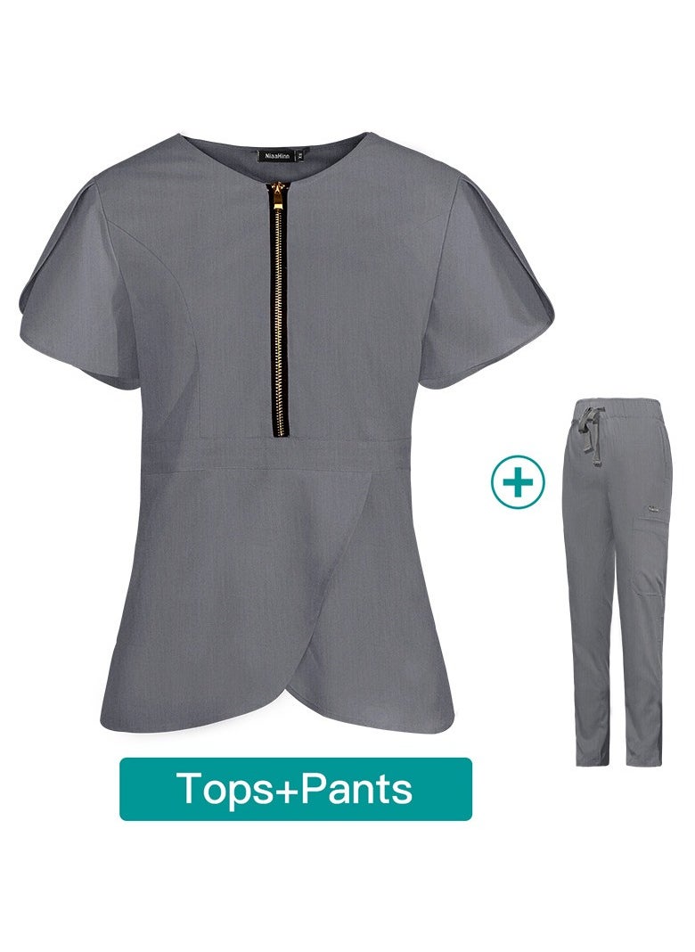 Womens Slim Fit Medical Uniform Scrubs 2 Piece Set V-Neck Zipper Top and Elastic Waist Pants Suit Grey