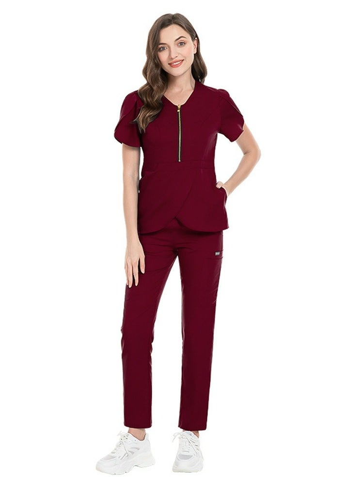 Womens Slim Fit Medical Uniform Scrubs 2 Piece Set V-Neck Zipper Top and Elastic Waist Pants Suit Wine Red