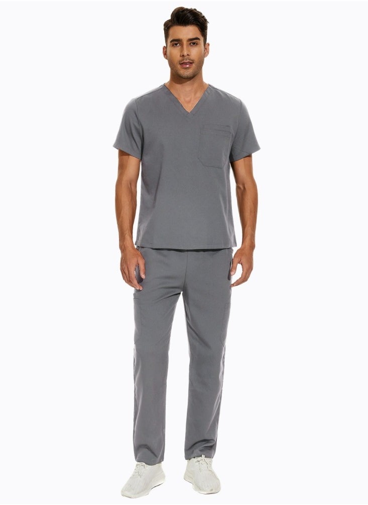 Medical Uniform Scrubs 2 Piece Set V-Neck Top and Elastic Waist Pants Suit Grey