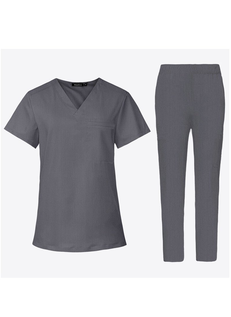 Medical Uniform Scrubs 2 Piece Set V-Neck Top and Elastic Waist Pants Suit Grey