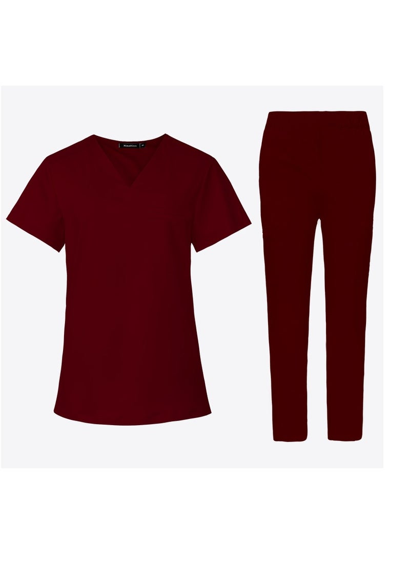 Medical Uniform Scrubs 2 Piece Set V-Neck Top and Elastic Waist Pants Suit Wine Red