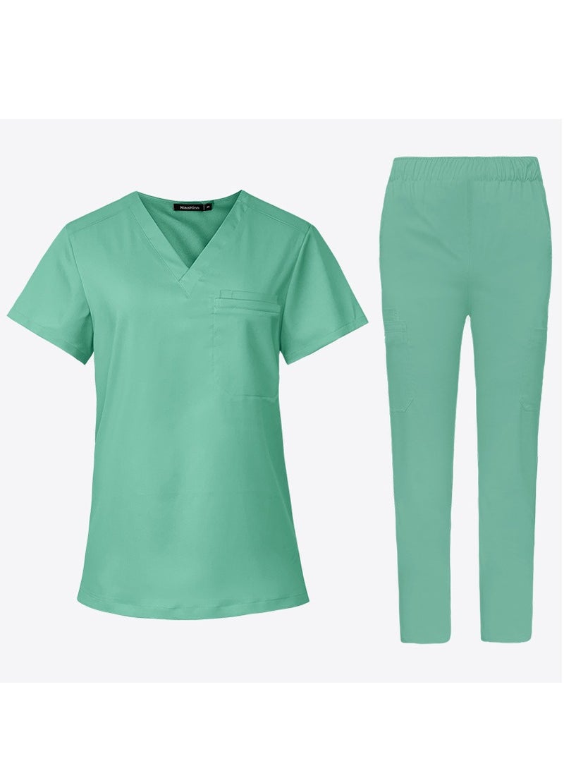 Medical Uniform Scrubs 2 Piece Set V-Neck Top and Elastic Waist Pants Suit Green