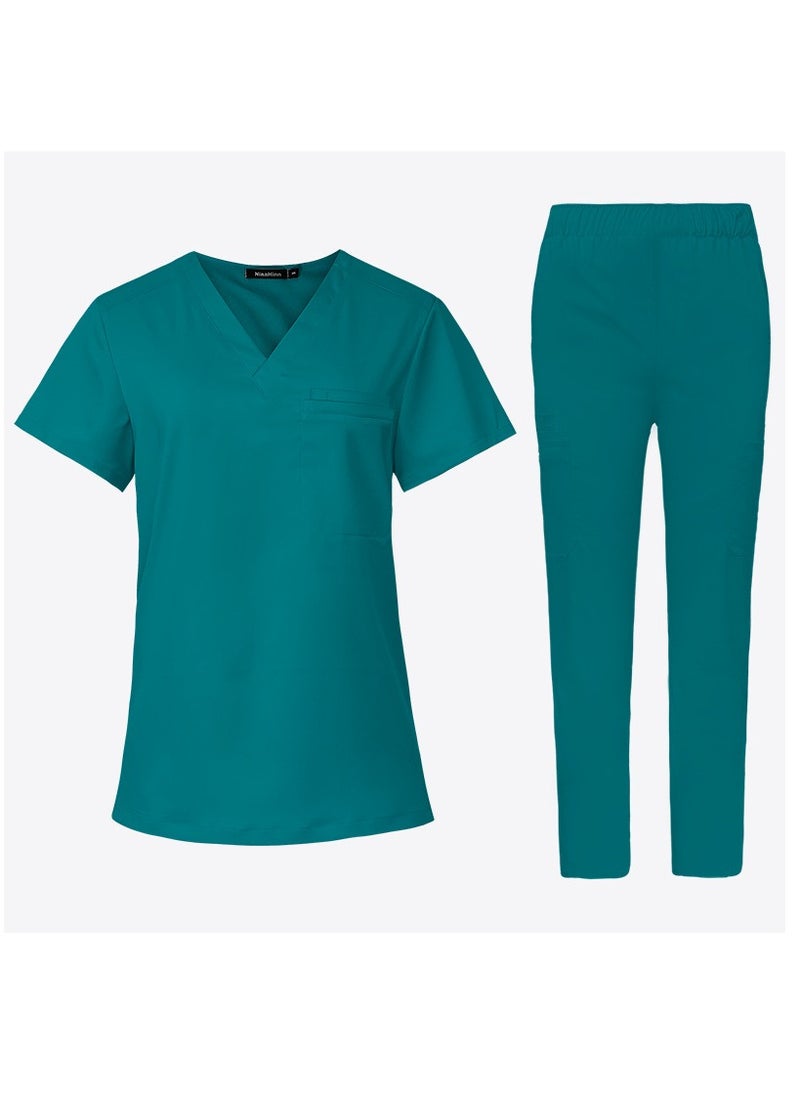 Medical Uniform Scrubs 2 Piece Set V-Neck Top and Elastic Waist Pants Suit Lake Blue