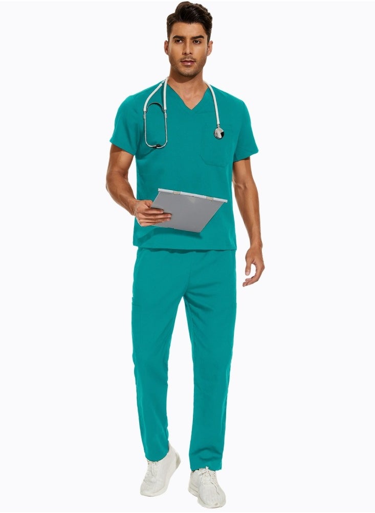Medical Uniform Scrubs 2 Piece Set V-Neck Top and Elastic Waist Pants Suit Lake Blue