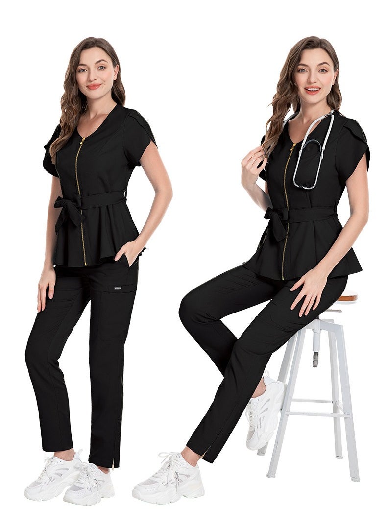 Womens Medical Uniform Scrubs 2 Piece Set Strap Up Waist Zipper Top and Elastic Waist Straight Pants Suit Black