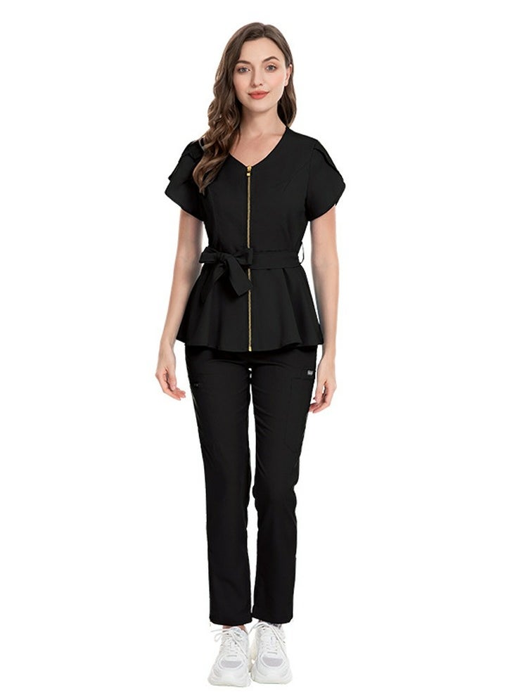 Womens Medical Uniform Scrubs 2 Piece Set Strap Up Waist Zipper Top and Elastic Waist Straight Pants Suit Black