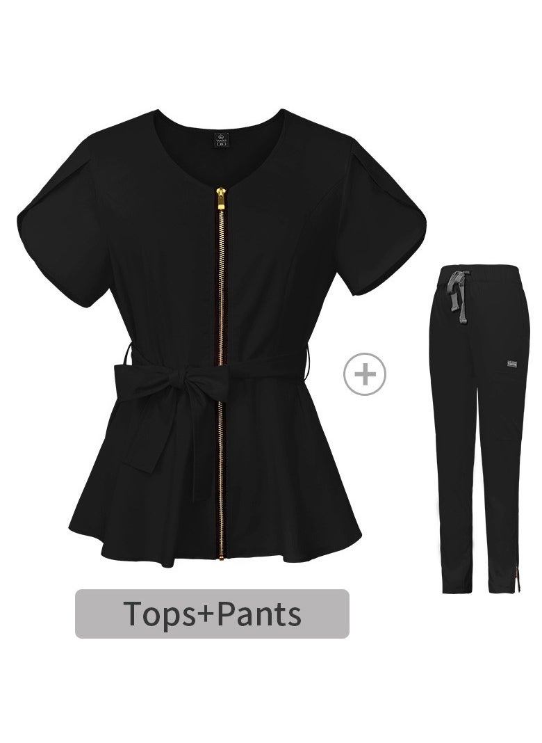 Womens Medical Uniform Scrubs 2 Piece Set Strap Up Waist Zipper Top and Elastic Waist Straight Pants Suit Black