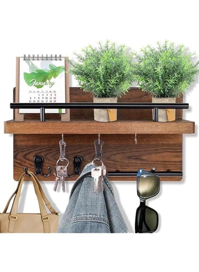 Durku Wall Mounted Key Holder/Hangers for Wall Decorative with 5 Key Hooks, Wooden Mail Rack Organizer with Shelf, Rustic Home Decor for Entryway Mudroom Hallway Office (Brown)