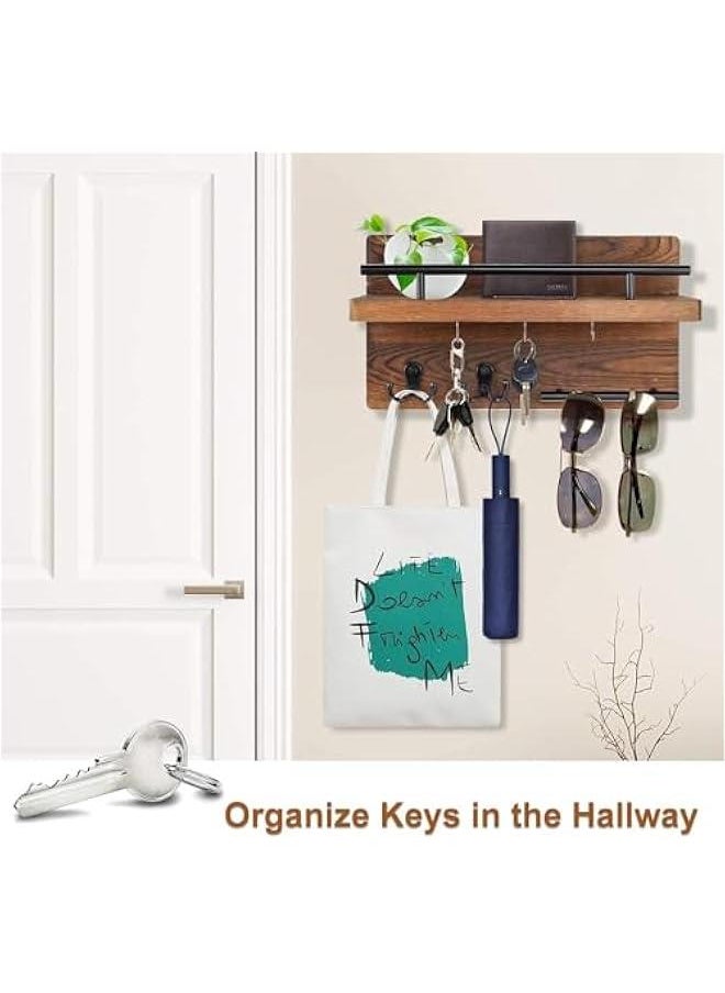 Durku Wall Mounted Key Holder/Hangers for Wall Decorative with 5 Key Hooks, Wooden Mail Rack Organizer with Shelf, Rustic Home Decor for Entryway Mudroom Hallway Office (Brown)