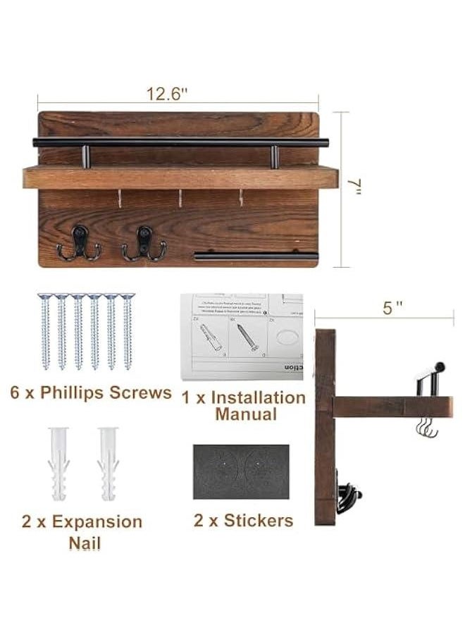 Durku Wall Mounted Key Holder/Hangers for Wall Decorative with 5 Key Hooks, Wooden Mail Rack Organizer with Shelf, Rustic Home Decor for Entryway Mudroom Hallway Office (Brown)