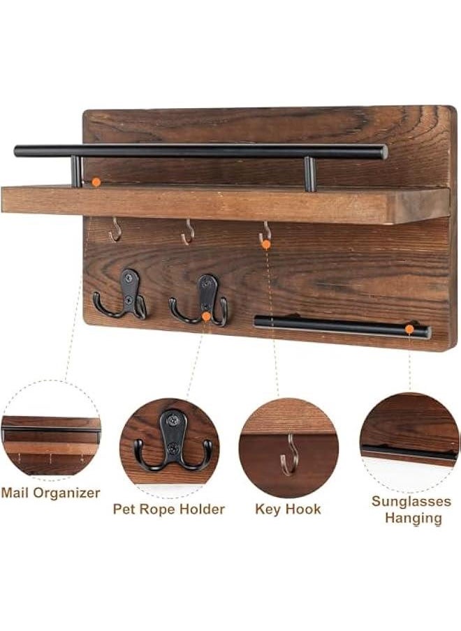 Durku Wall Mounted Key Holder/Hangers for Wall Decorative with 5 Key Hooks, Wooden Mail Rack Organizer with Shelf, Rustic Home Decor for Entryway Mudroom Hallway Office (Brown)