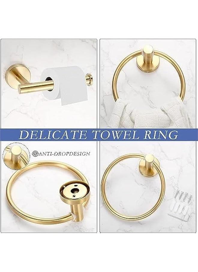 6 PCS Bathroom Hardware Set, Stainless Steel Round Wall Mounted - Includes 16 Hand Towel Bar, Towel Ring,Toilet Paper Holder, 3 Robe Towel Hooks,Bathroom Accessories Kit (Gold)