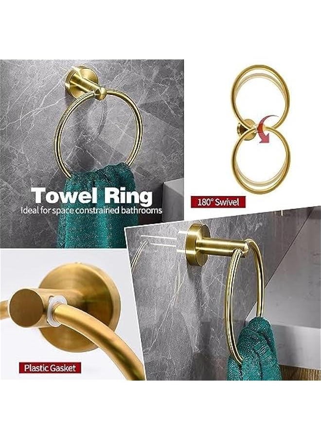 6 PCS Bathroom Hardware Set, Stainless Steel Round Wall Mounted - Includes 16 Hand Towel Bar, Towel Ring,Toilet Paper Holder, 3 Robe Towel Hooks,Bathroom Accessories Kit (Gold)