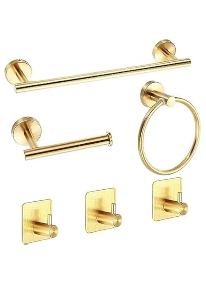 6 PCS Bathroom Hardware Set, Stainless Steel Round Wall Mounted - Includes 16 Hand Towel Bar, Towel Ring,Toilet Paper Holder, 3 Robe Towel Hooks,Bathroom Accessories Kit (Gold)