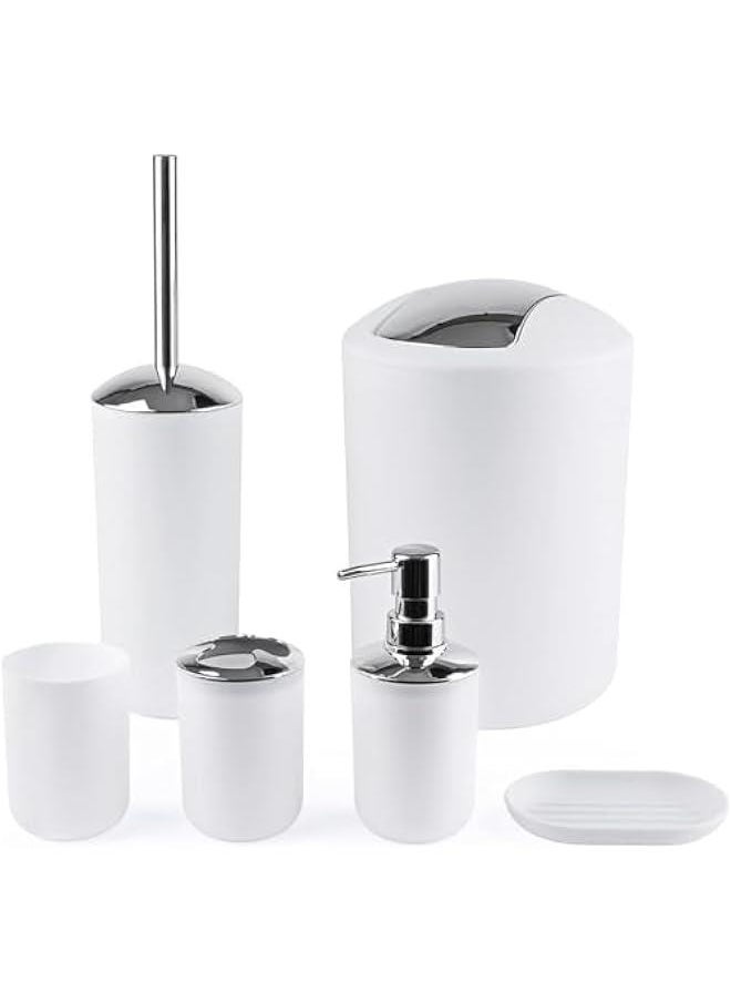 Bathroom Accessories Set with Tray, 6 Piece Plastic Gift Bath Set with Trash Can, Toilet Brush, Soap Dispenser, Soap Dish, Lotion Set Tumbler Cup (White)