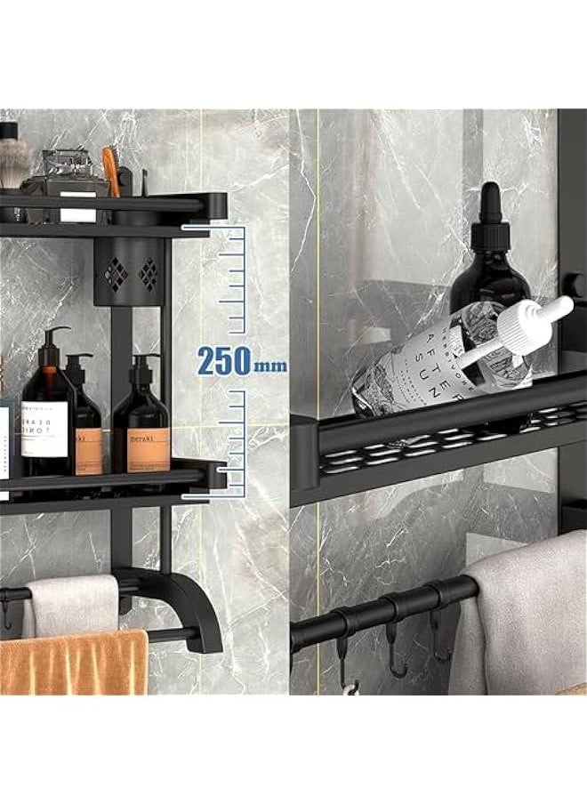 60cm Bathroom Shelf with Towel Bars, Wall Mounted Bathroom Shelf, Shower Storage Rack with Brush Holder, Storage Organizer Shelf with cup holder for Bathroom (2Layer)