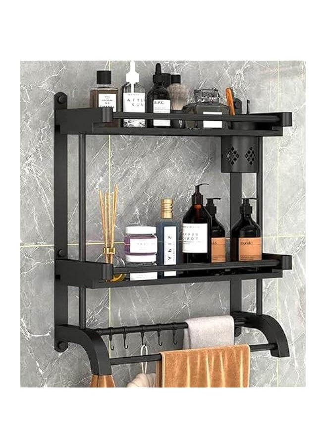 60cm Bathroom Shelf with Towel Bars, Wall Mounted Bathroom Shelf, Shower Storage Rack with Brush Holder, Storage Organizer Shelf with cup holder for Bathroom (2Layer)