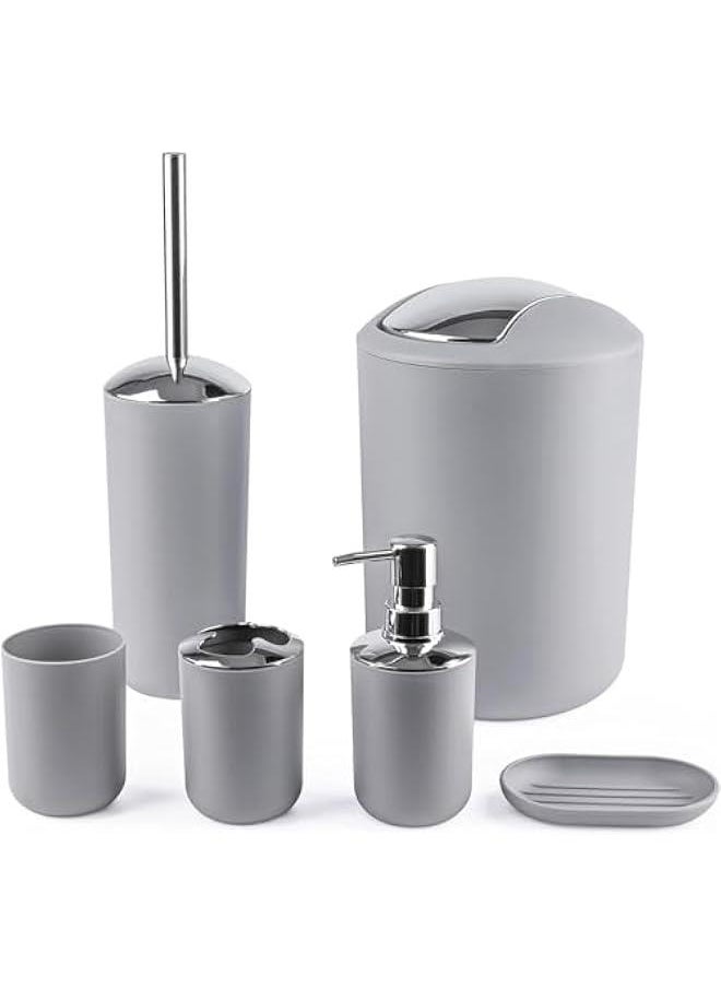 Durku Bathroom Accessories Set 6 Piece Bath Ensemble Includes Soap Dispenser, Toothbrush Holder, Toothbrush Cup, Soap Dish for Decorative Countertop,Housewarming Gift (Grey)