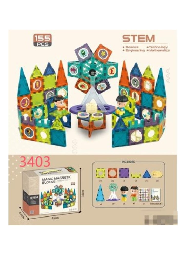 155pcs Magnetic Tiles for Kids – STEM Educational Magnet Building Blocks, Creative Construction Toys, 3D Magnetic Shapes for Toddlers and Children, Learning and Developmental Playset