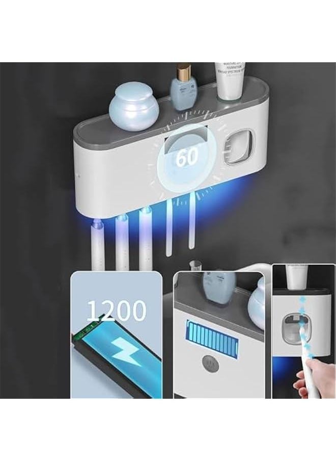 Wall Mounted Toothbrush Holder with Toothpaste Dispenser Electric Toothbrush Holder for Bathroom Solar Charging and No Drilling Required Smart Toothbrush Organizer with 5 Brush Slots